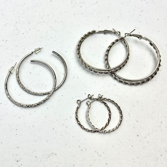 Hoop Earrings Lot of 3 Pairs Silver Tone For Pierced Ears - Picture 1 of 12